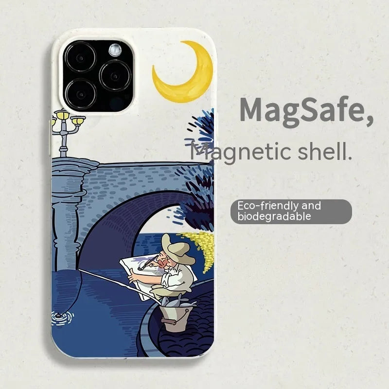 Men's magnetic retro phone case with oil painting design for iPhone 13 14 drop-resistant resin cover