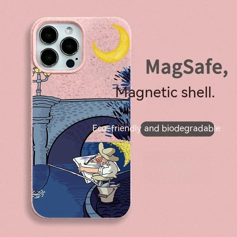 Men's magnetic retro phone case with oil painting design for iPhone 13 14 drop-resistant resin cover