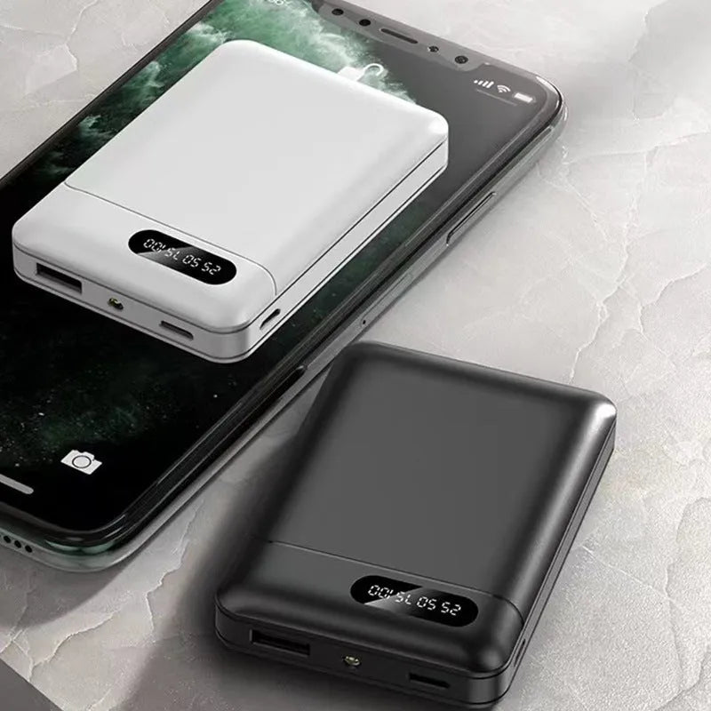 White and black portable power bank with multiple USB ports showing 10000mAh capacity label