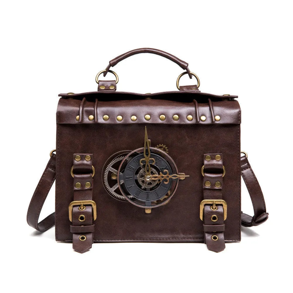 Bronze steampunk style square shoulder bag made of PU leather with metal hardware.
