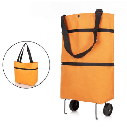 Folding shopping cart with wheels and reusable bags in various colors