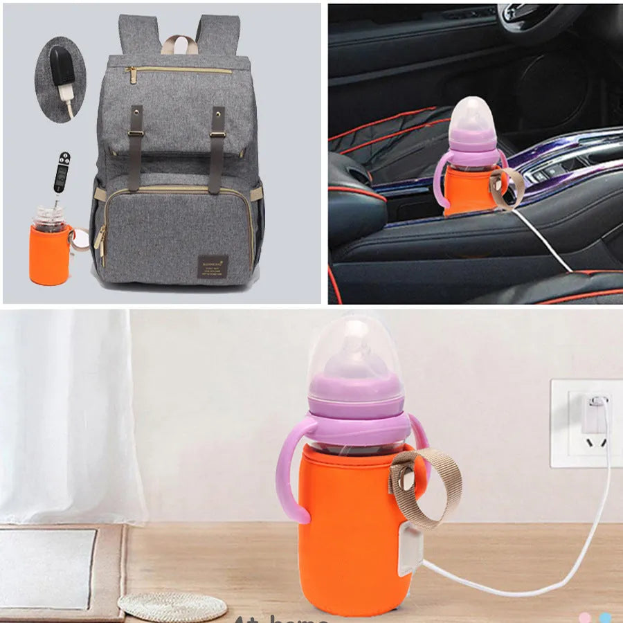 USB baby bottle warmer with cotton sleeve in orange or blue, showing dimensions of 6.5 cm by 10 cm