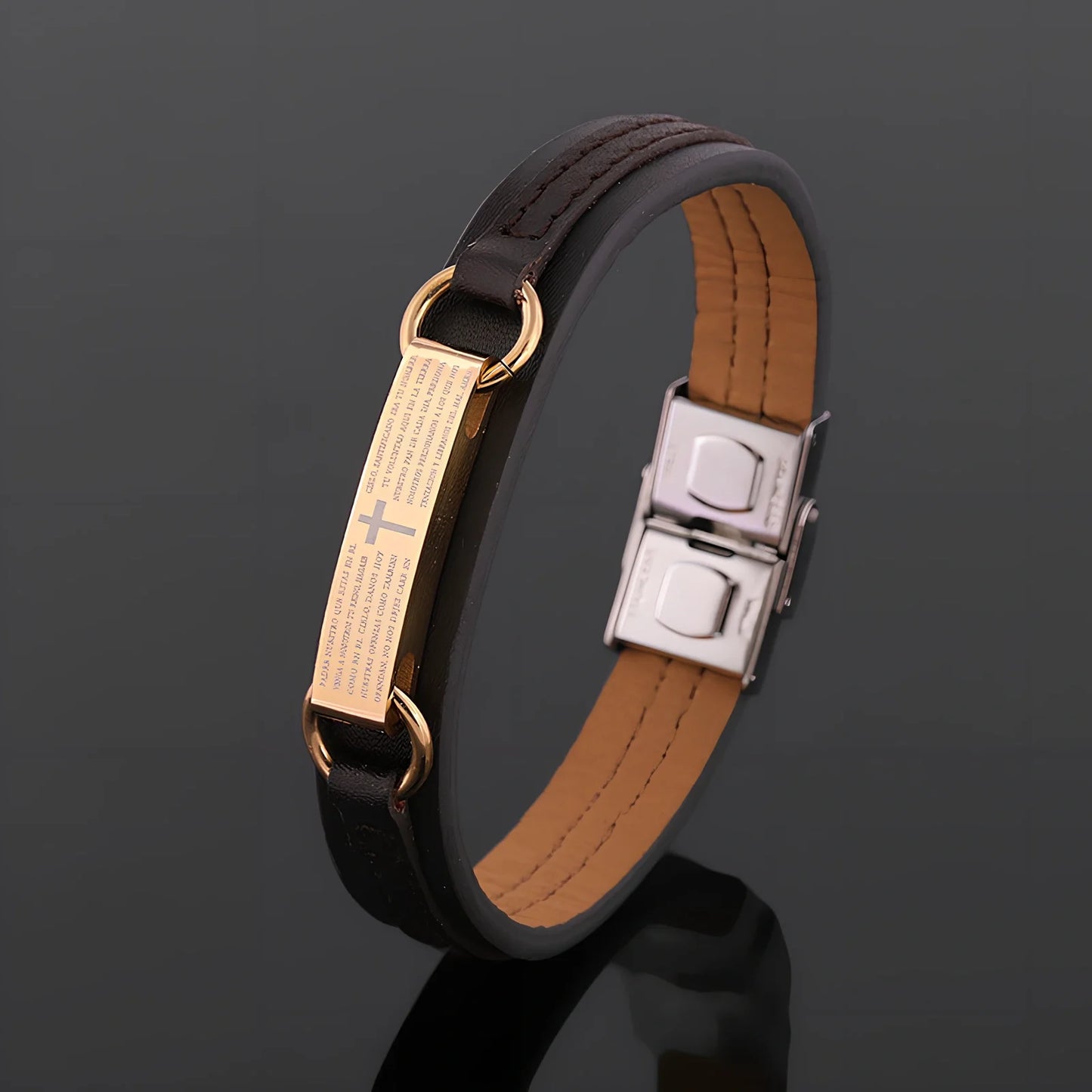 Unisex Bible verse leather bracelet in 18.5cm size with geometric stainless steel accents