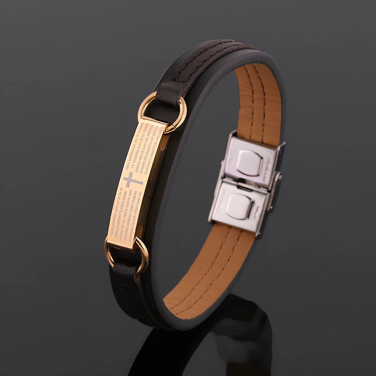 Unisex Bible verse leather bracelet in 18.5cm size with geometric stainless steel accents