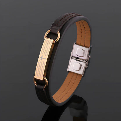 Unisex Bible verse leather bracelet in 18.5cm size with geometric stainless steel accents