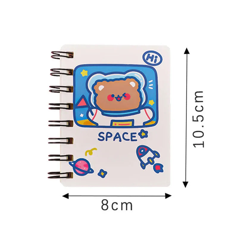 Astronaut themed pocket flipper notebook showing 10.5 by 8 cm dimensions with space cat cover design