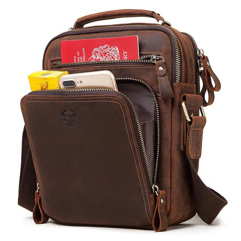 Men's brown genuine leather crossbody bag with retro sewing detail and single shoulder strap