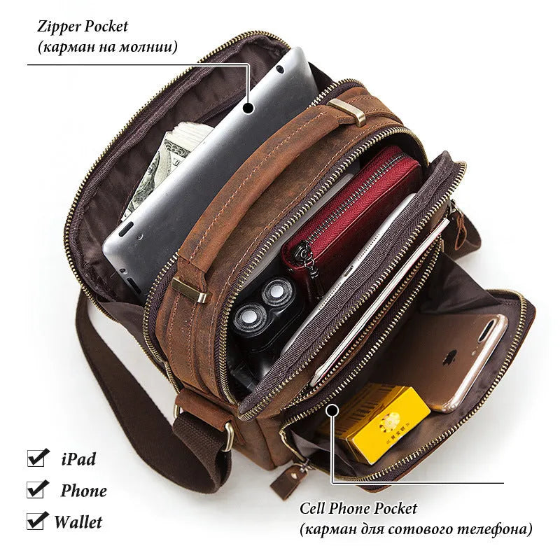Men's brown genuine leather crossbody bag with retro sewing detail and single shoulder strap
