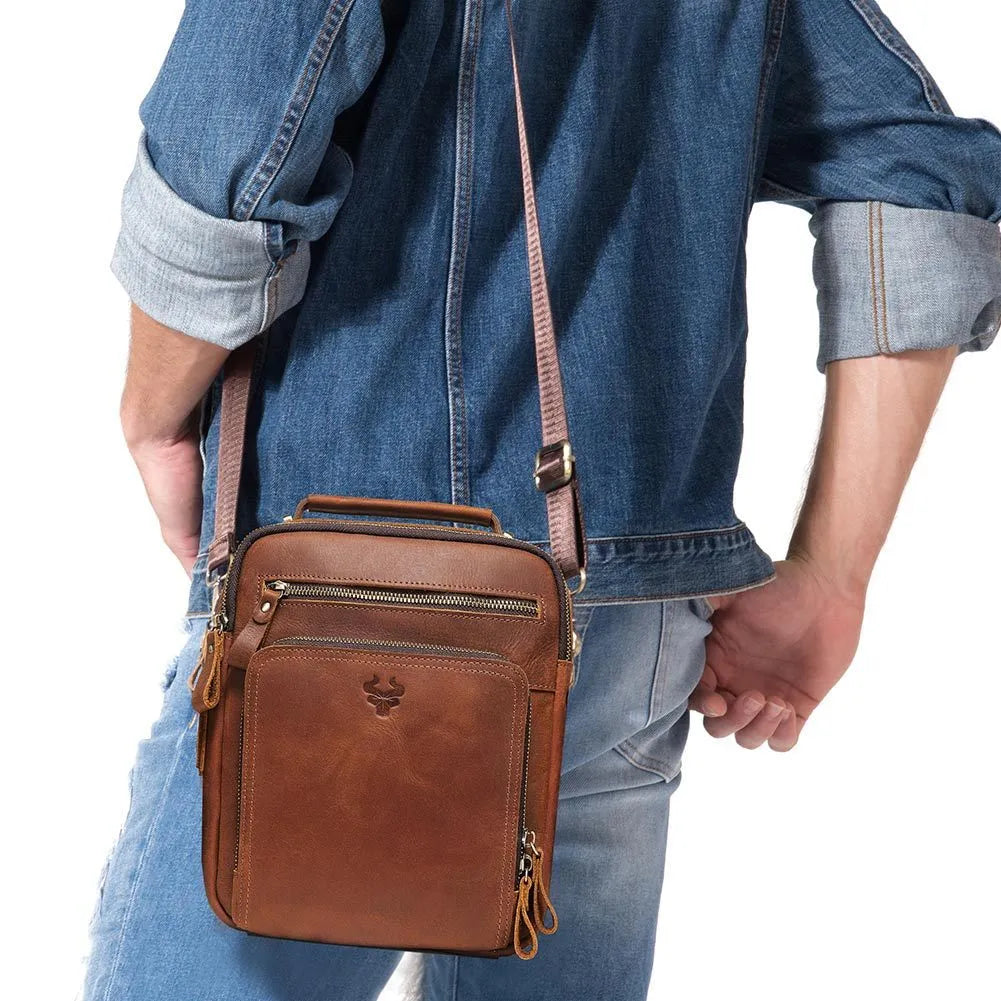 Men's brown genuine leather crossbody bag with retro sewing detail and single shoulder strap