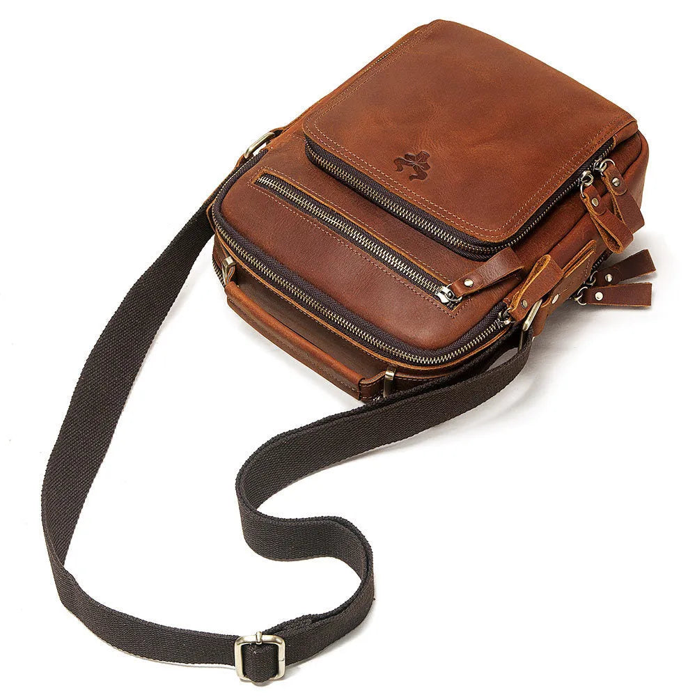 Men's brown genuine leather crossbody bag with retro sewing detail and single shoulder strap