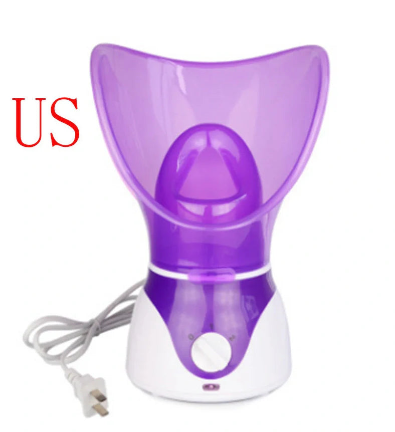 Purple AIDU ion hot spray steamer with mask, nasal mask, and measuring cup for home facial hydration