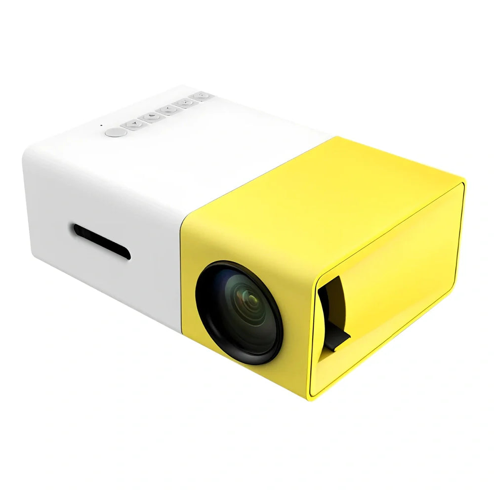 Yellow 1080P LED mini projector with HDMI ports, projecting 80-inch image from 1.2m distance