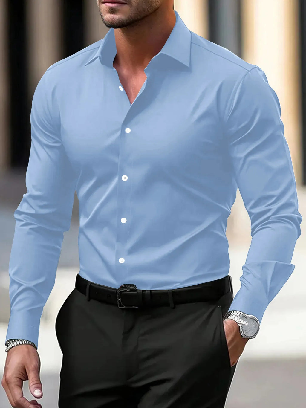 Men's business button down shirt in velvet polyester fabric, long sleeve lapel style, solid colour available in navy blue