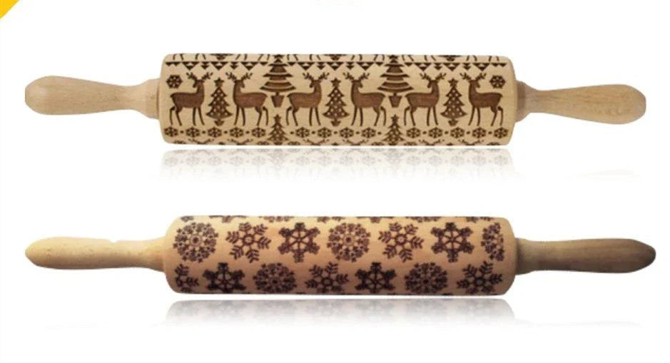 Wooden Christmas embossing rolling pin with non-stick surface for festive baking