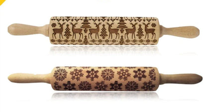 Wooden Christmas embossing rolling pin with non-stick surface for festive baking