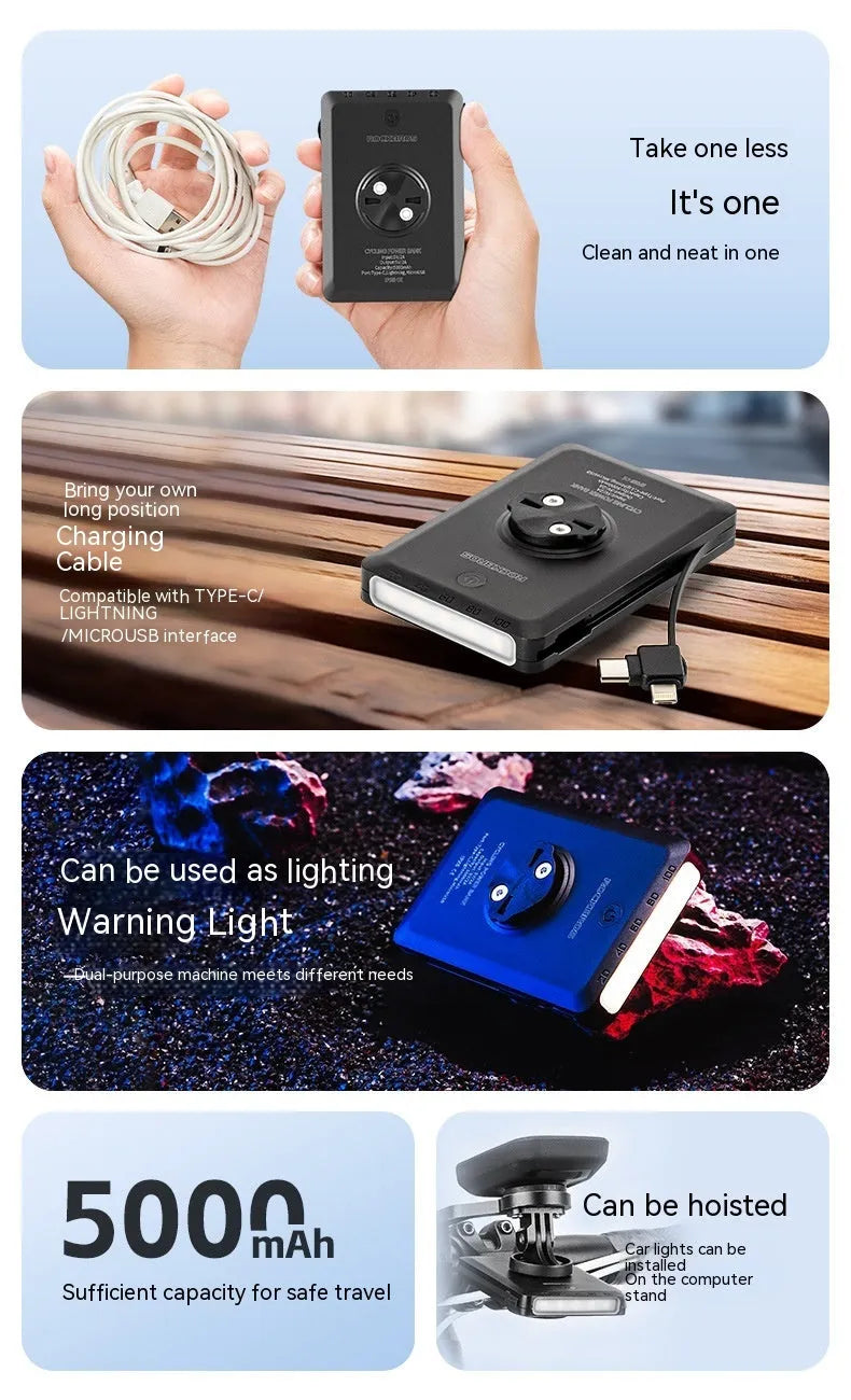 Bicycle light power bank 5000mAh with built-in cable for charging and illumination