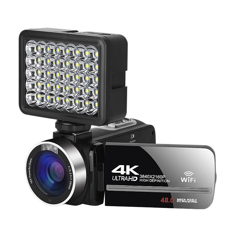 Black WIFI digital HD night vision camera with 3-inch LCD screen shown with USB cable and lens cover.
