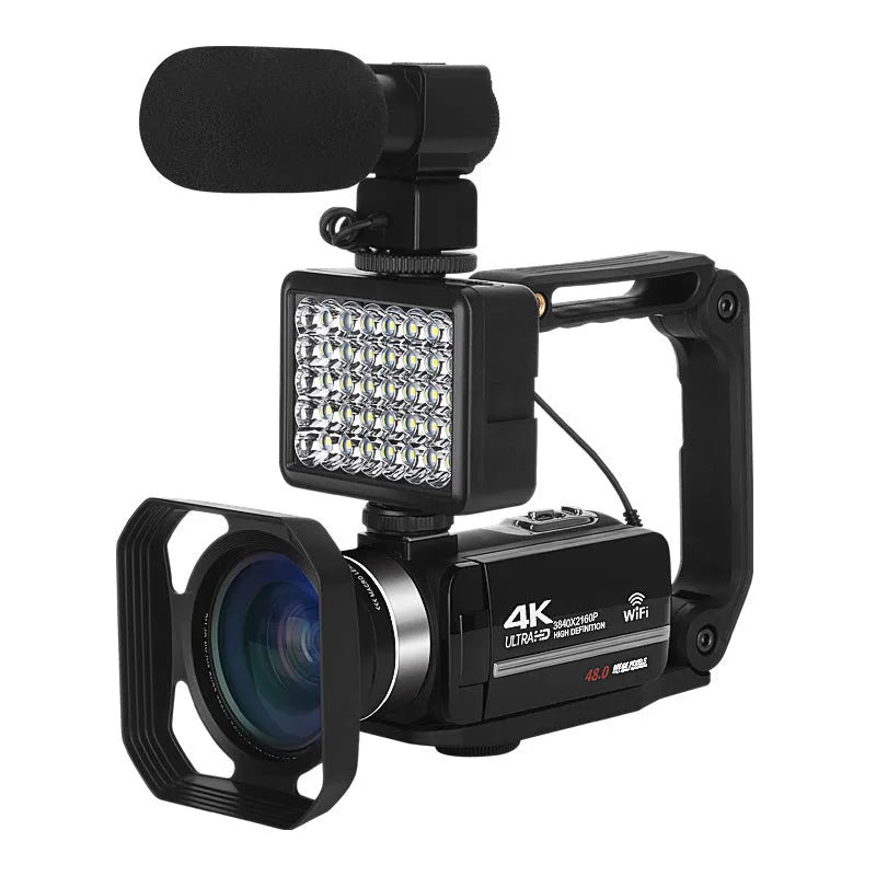 Black WIFI digital HD night vision camera with 3-inch LCD screen shown with USB cable and lens cover.