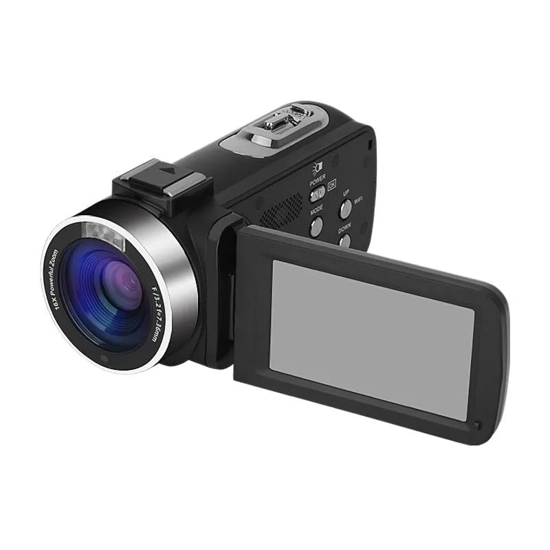 Black WIFI digital HD night vision camera with 3-inch LCD screen shown with USB cable and lens cover.