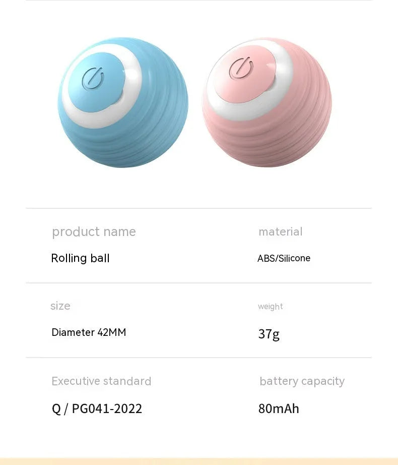 Blue and pink rechargeable automatic moving silicone cat toy ball with charging cable.