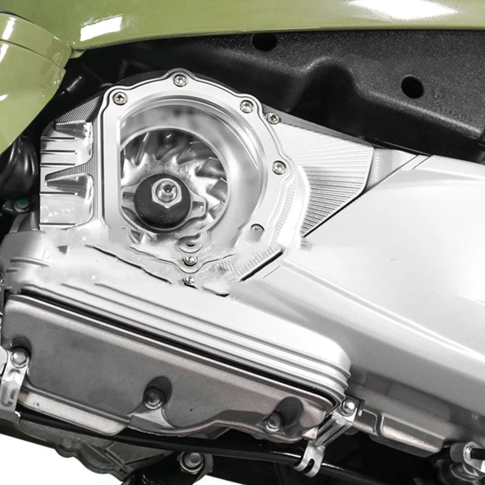 Vespa Primavera aftermarket clutch intake cover shown in one of five colour options: black, silver, titanium, red, or titanium gold.