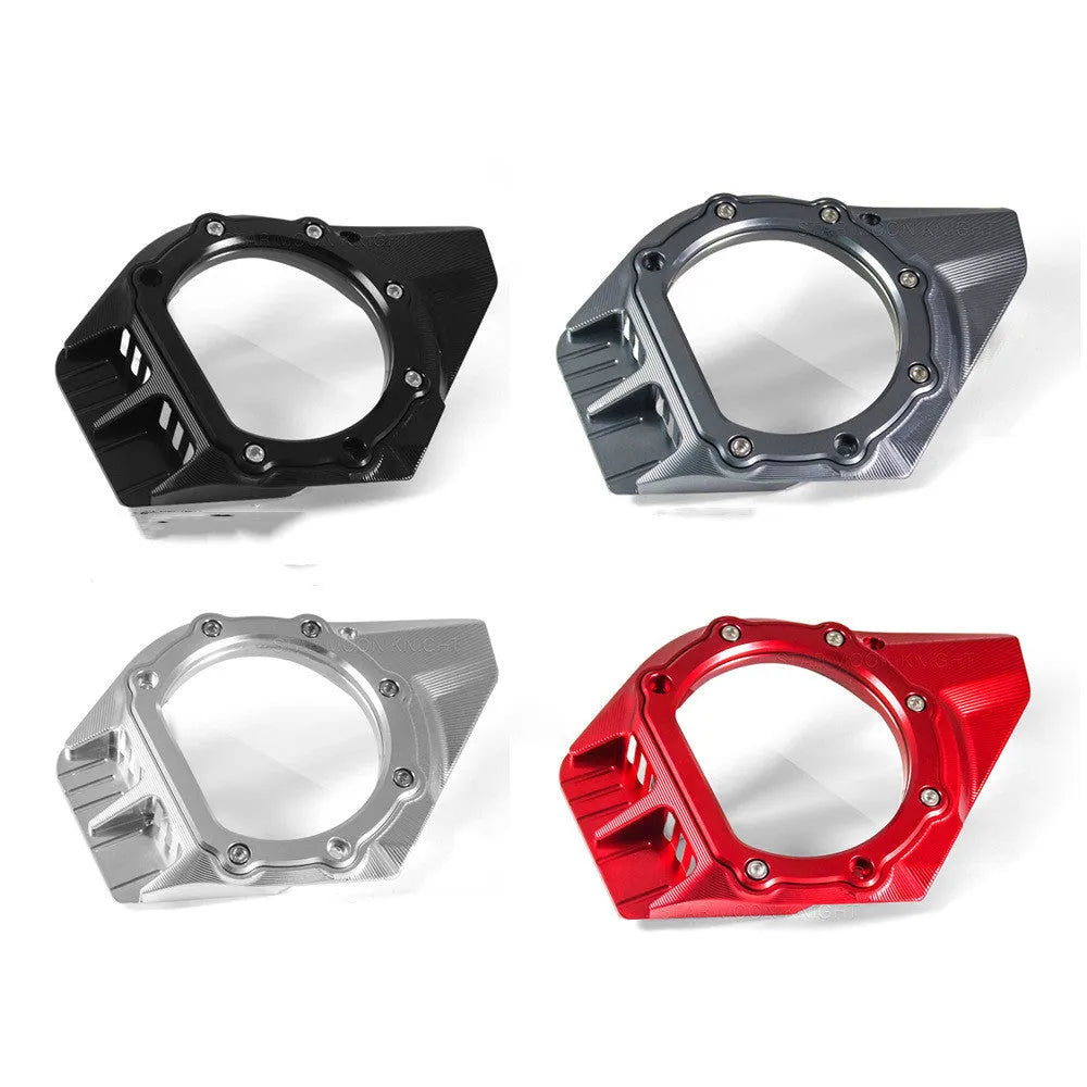 Vespa Primavera aftermarket clutch intake cover shown in one of five colour options: black, silver, titanium, red, or titanium gold.
