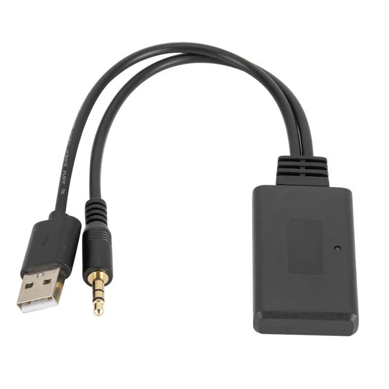 Black car Bluetooth audio receiver with AUX cable and USB port for wireless music streaming