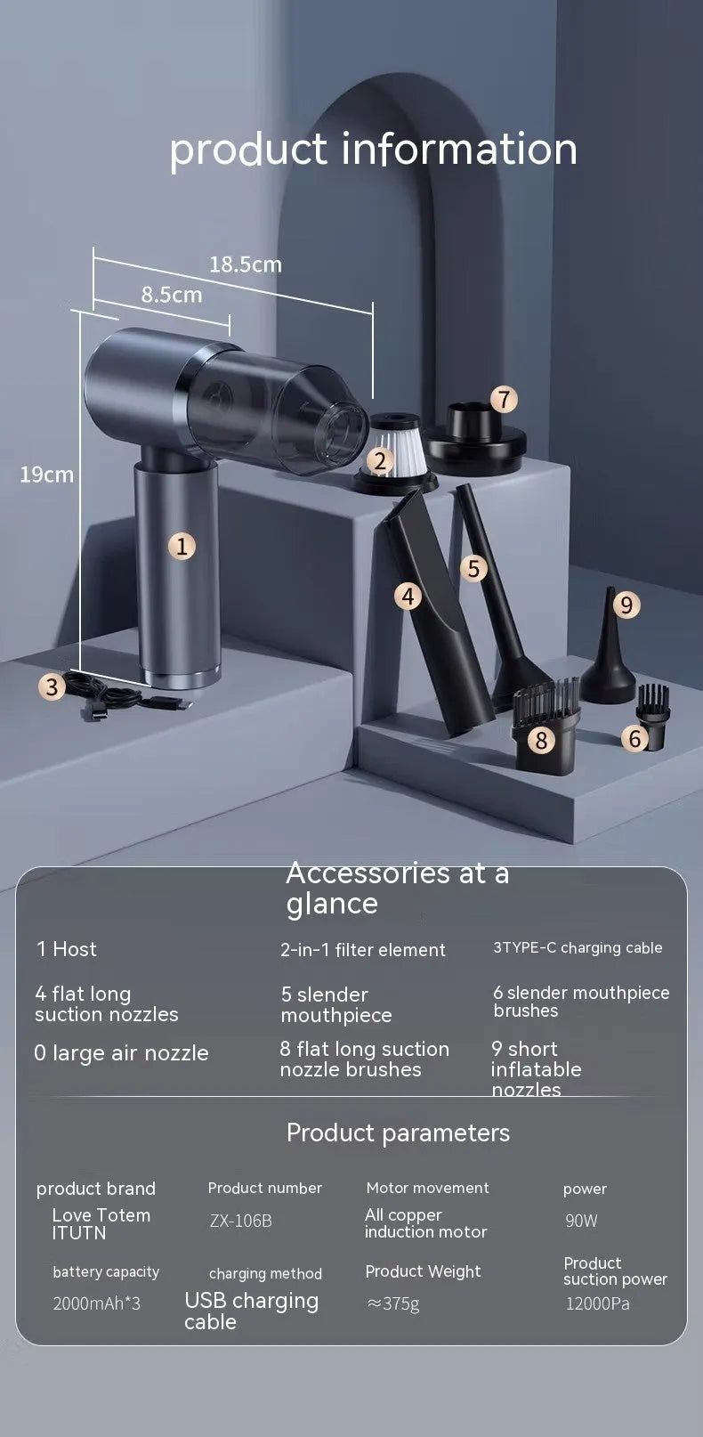 Handheld car vacuum cleaner in space gray with strong suction nozzle for vehicle interior cleaning