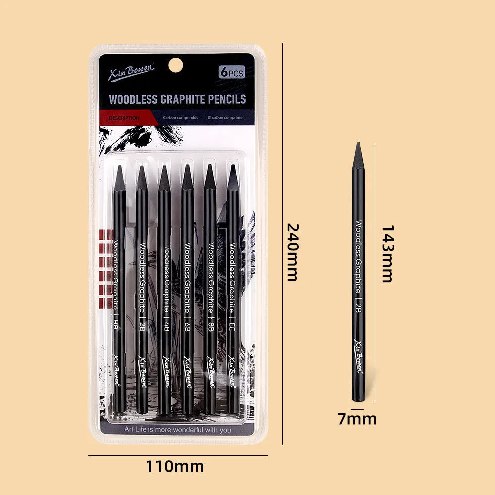 Set of six wood-free graphite art pencils with different grade markings: HB, 2B, 4B, 6B, 8B, and EE.