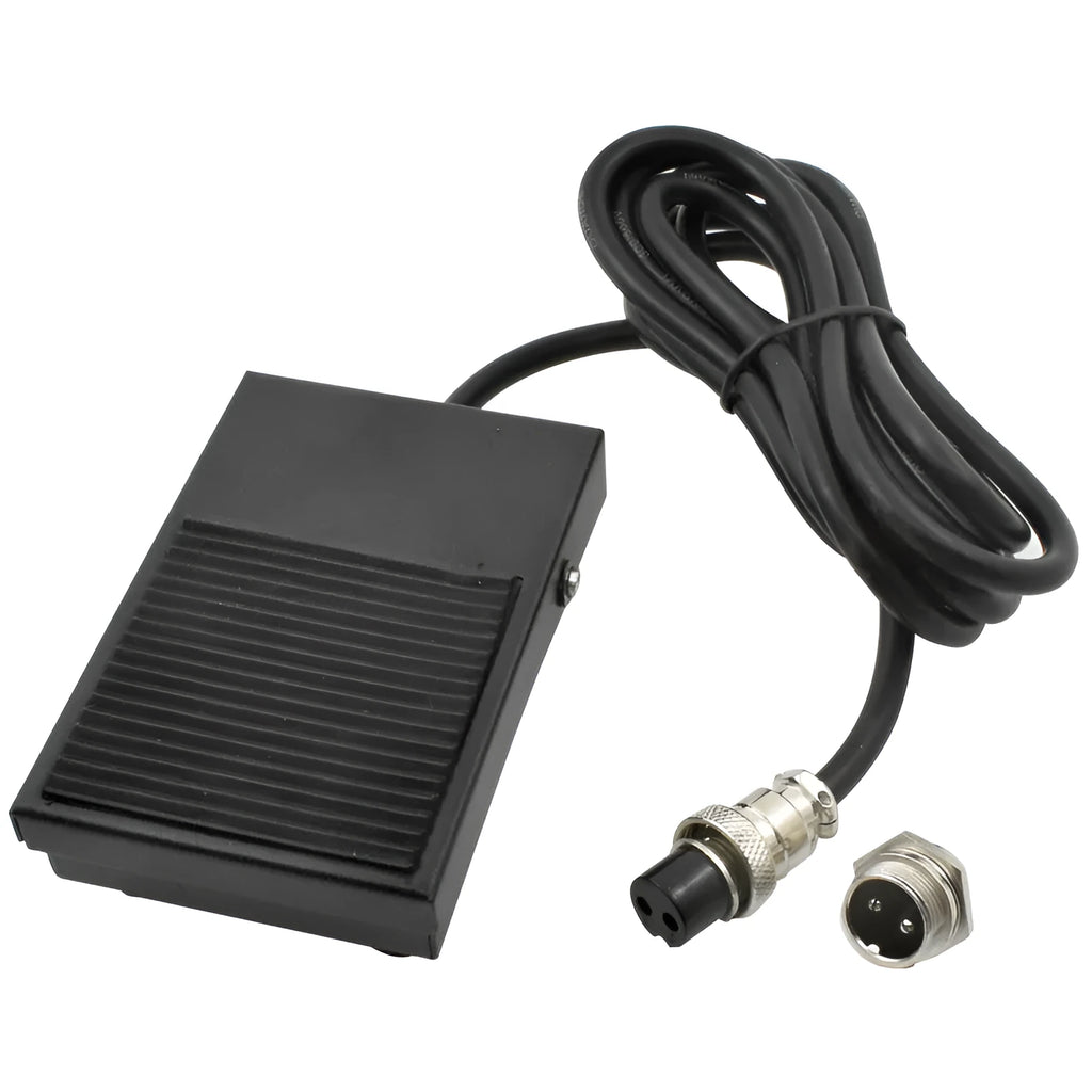 Metal welding foot switch pedal with black rubber top and a 1.8 metre long grey cable attached