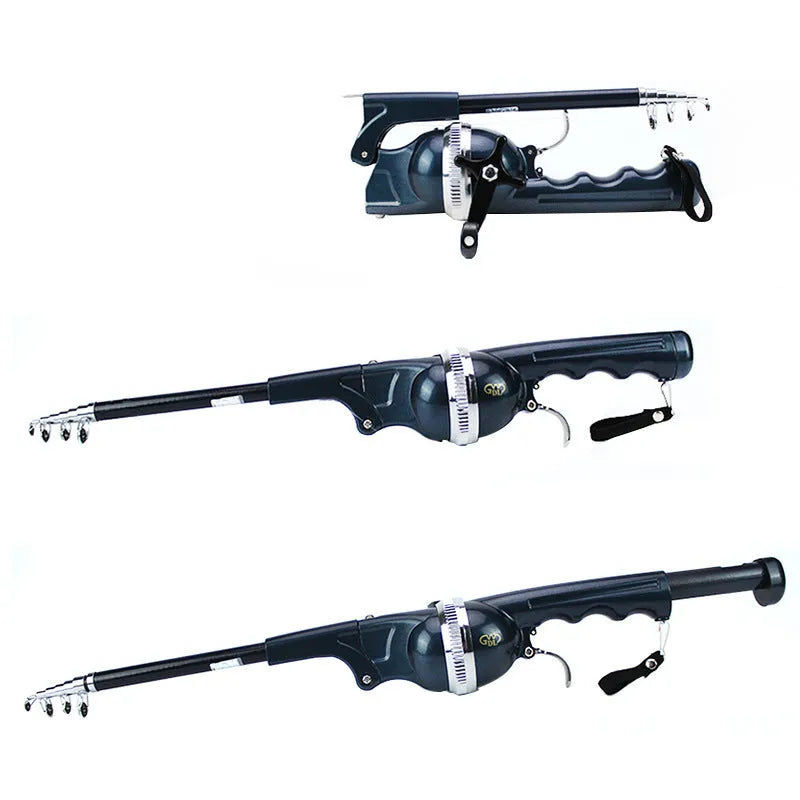 Foldable fishing rod in black colour, shrunk to 26.5cm, with built-in reel and epoxy resin construction