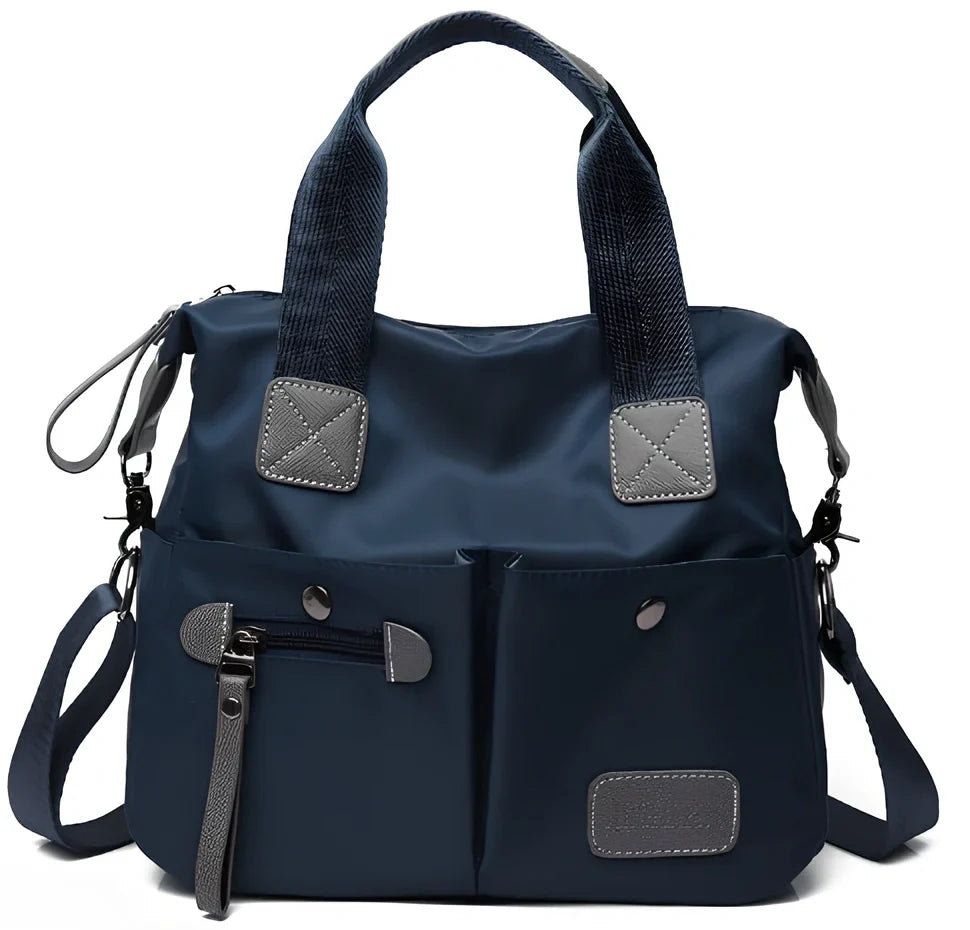 Ladies shoulder bag in black Oxford fabric, size M with multiple pockets and adjustable straps for handbag or crossbody carry, 340 mm width