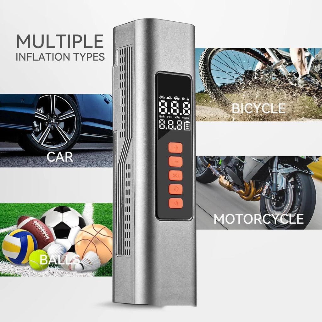 Wireless digital car tyre inflator with display showing pressure, compact black body.