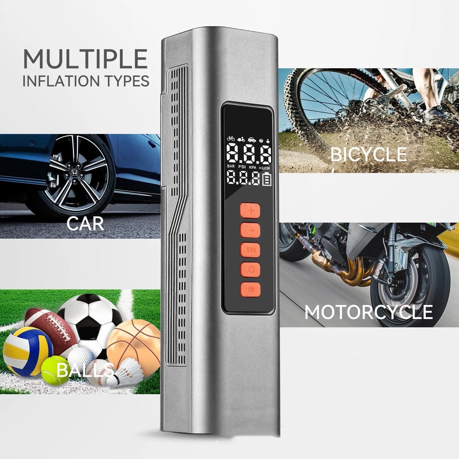 Wireless digital car tyre inflator with display showing pressure, compact black body.