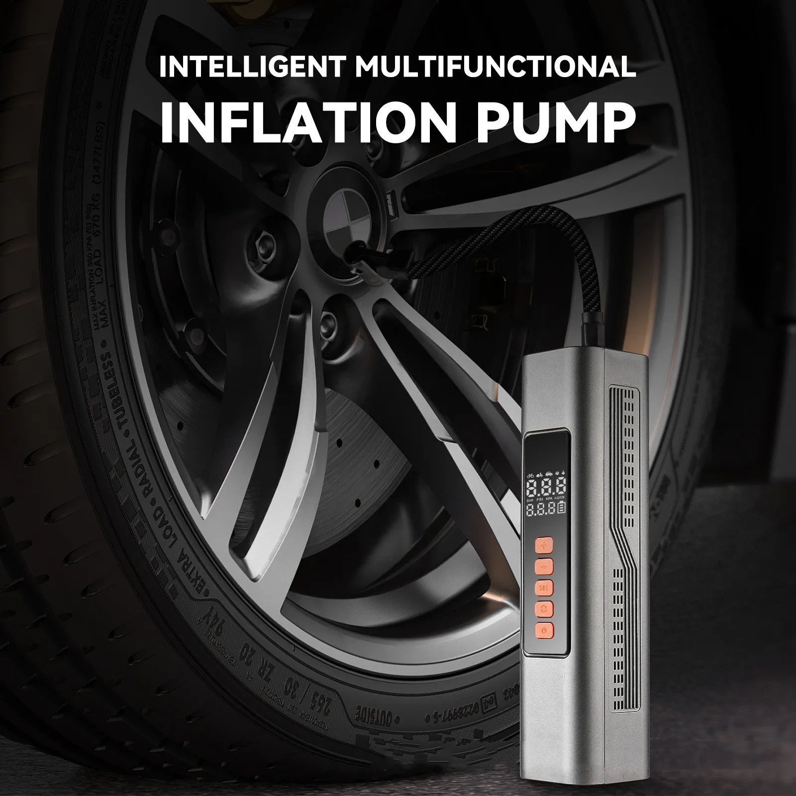 Wireless digital car tyre inflator with display showing pressure, compact black body.
