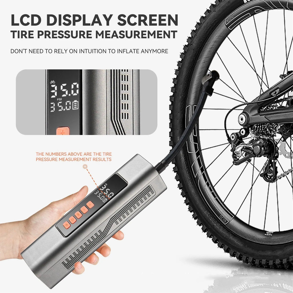 Wireless digital car tyre inflator with display showing pressure, compact black body.