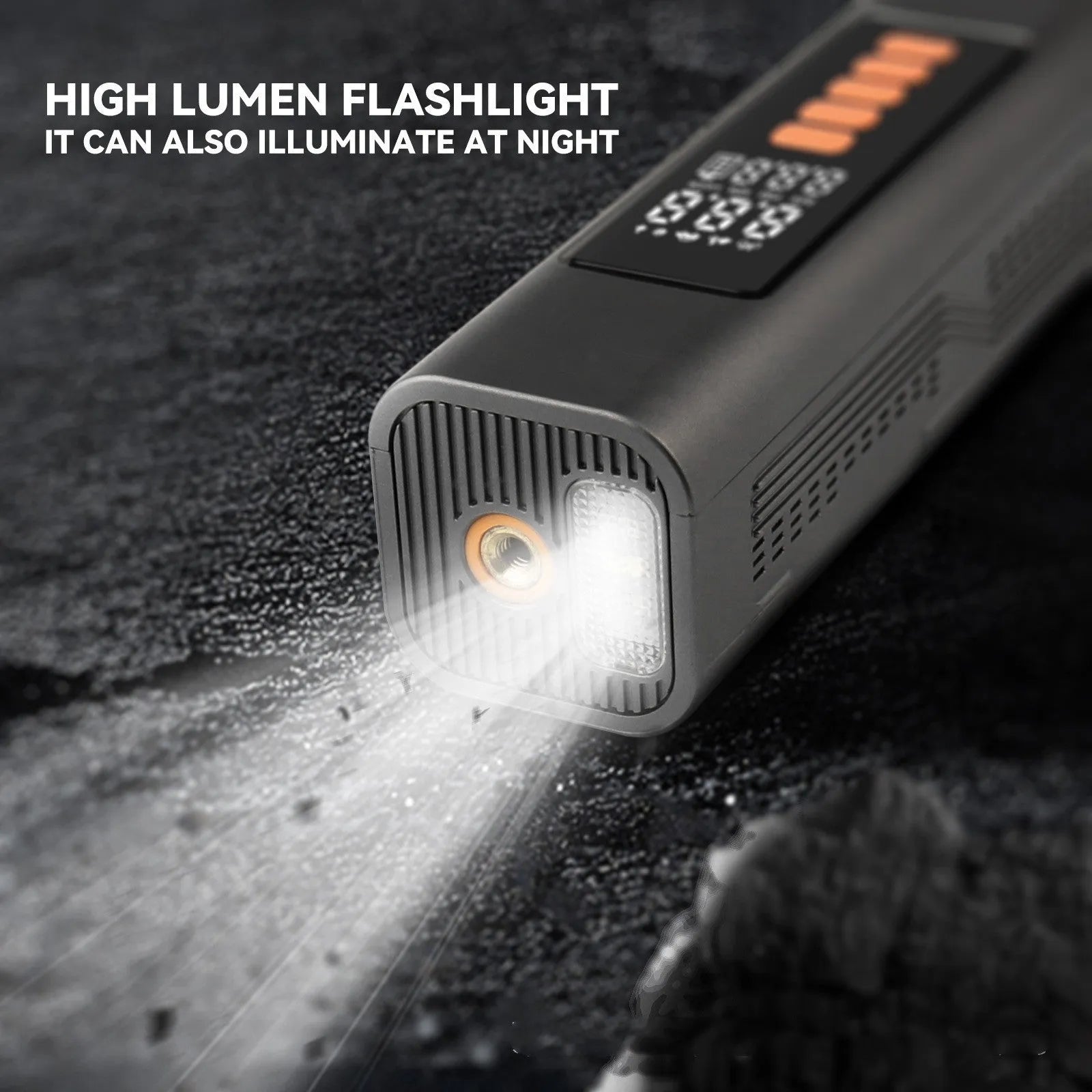 Wireless digital car tyre inflator with display showing pressure, compact black body.