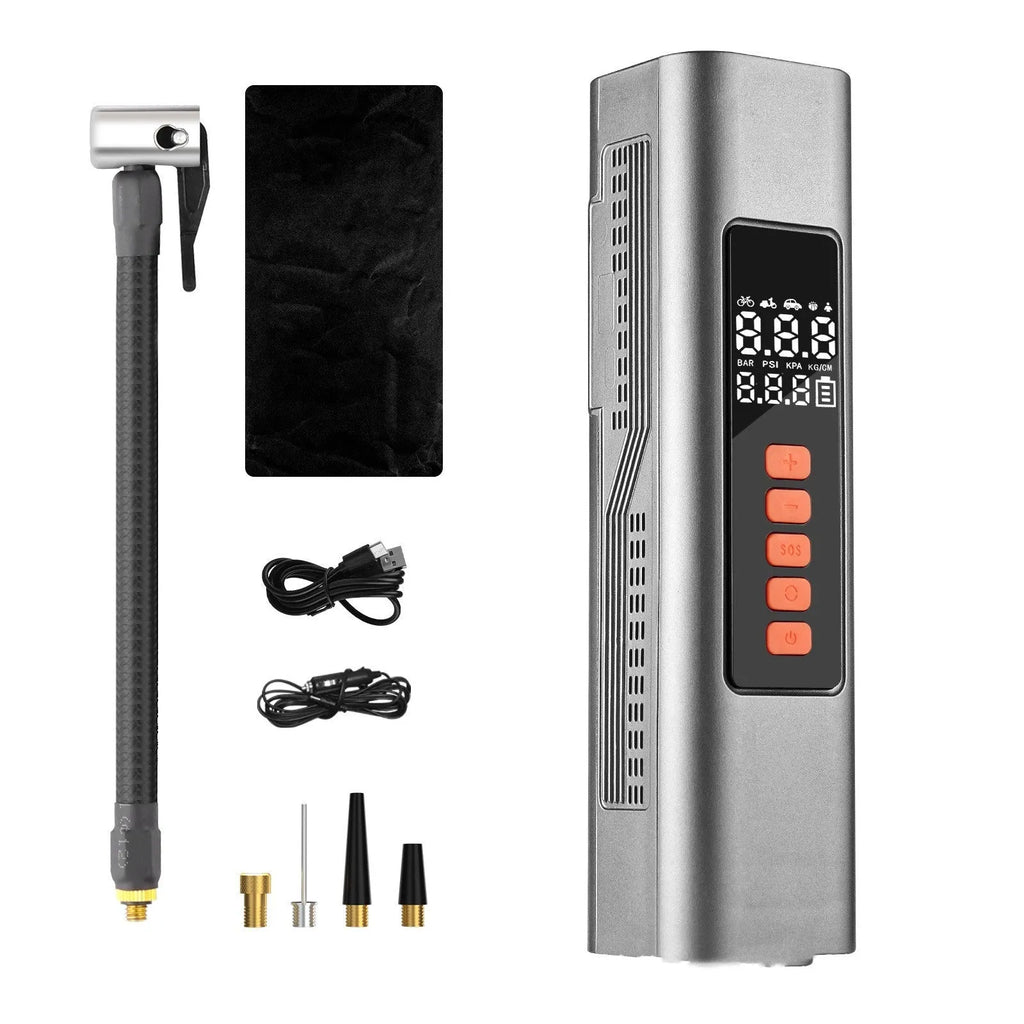 Wireless digital car tyre inflator with display showing pressure, compact black body.