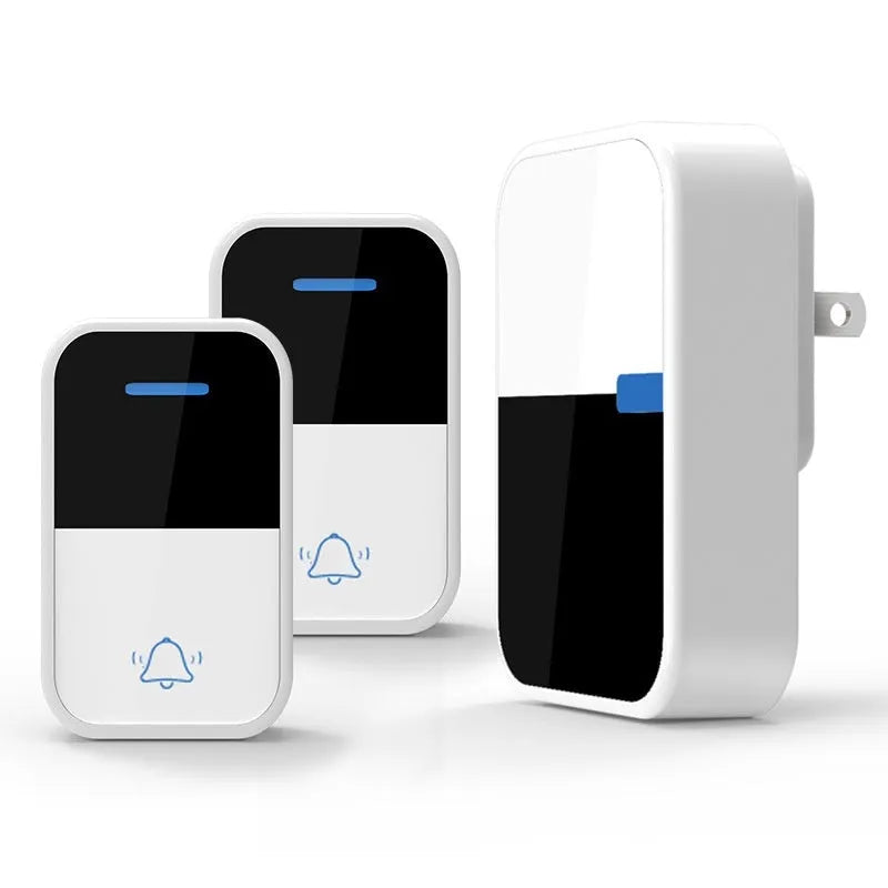 White modern wireless doorbell receiver and transmitter unit on a plain background.
