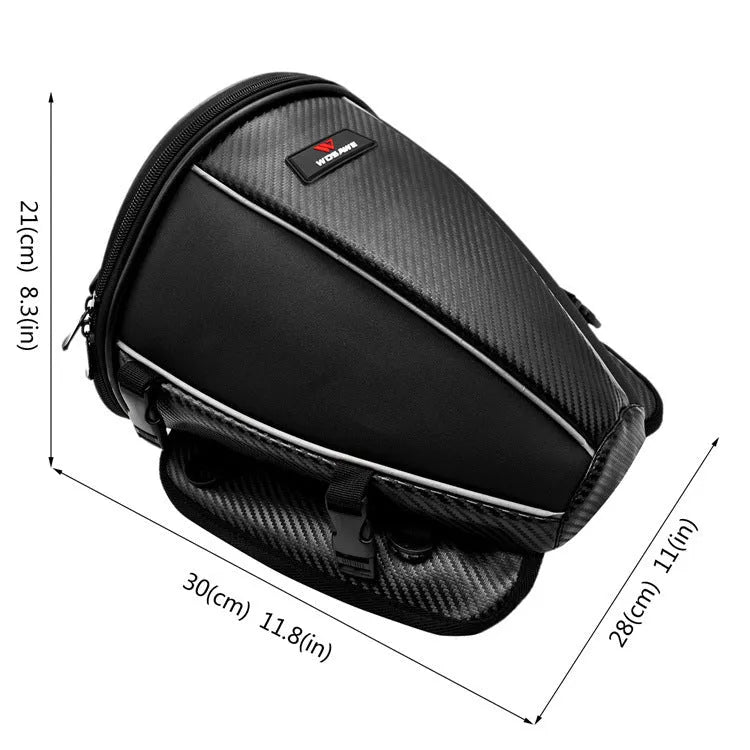 Black motorcycle seat bag with reflective strip, showing convertible crossbody strap and internal pocket organisation