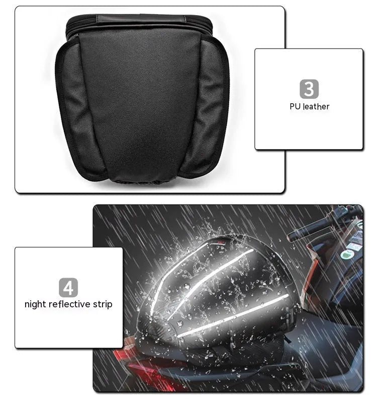 Black motorcycle seat bag with reflective strip, showing convertible crossbody strap and internal pocket organisation