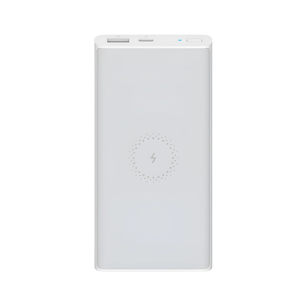 White or black 10000mAh power bank with USB port and wireless charging for tablets and phones.