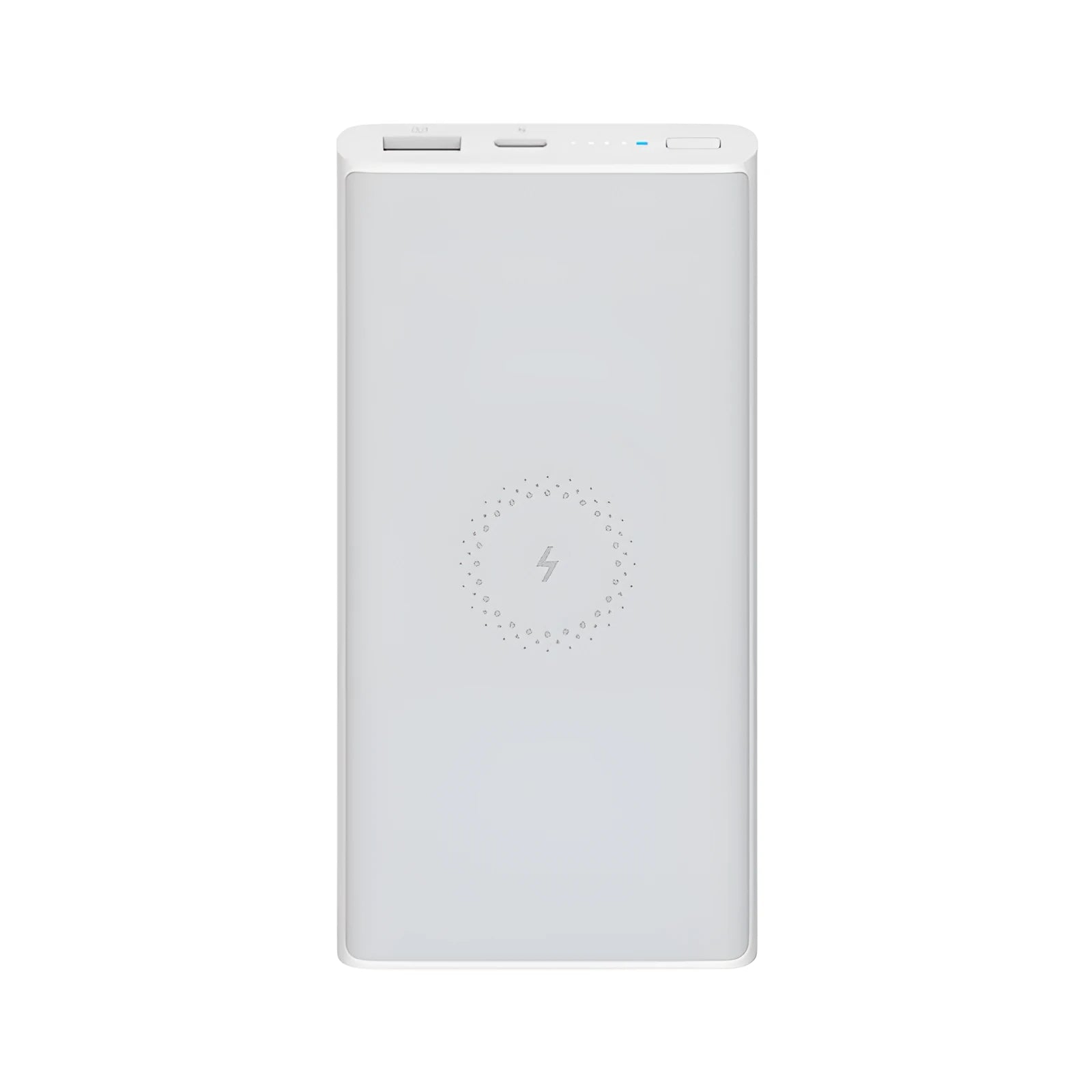 White or black 10000mAh power bank with USB port and wireless charging for tablets and phones.