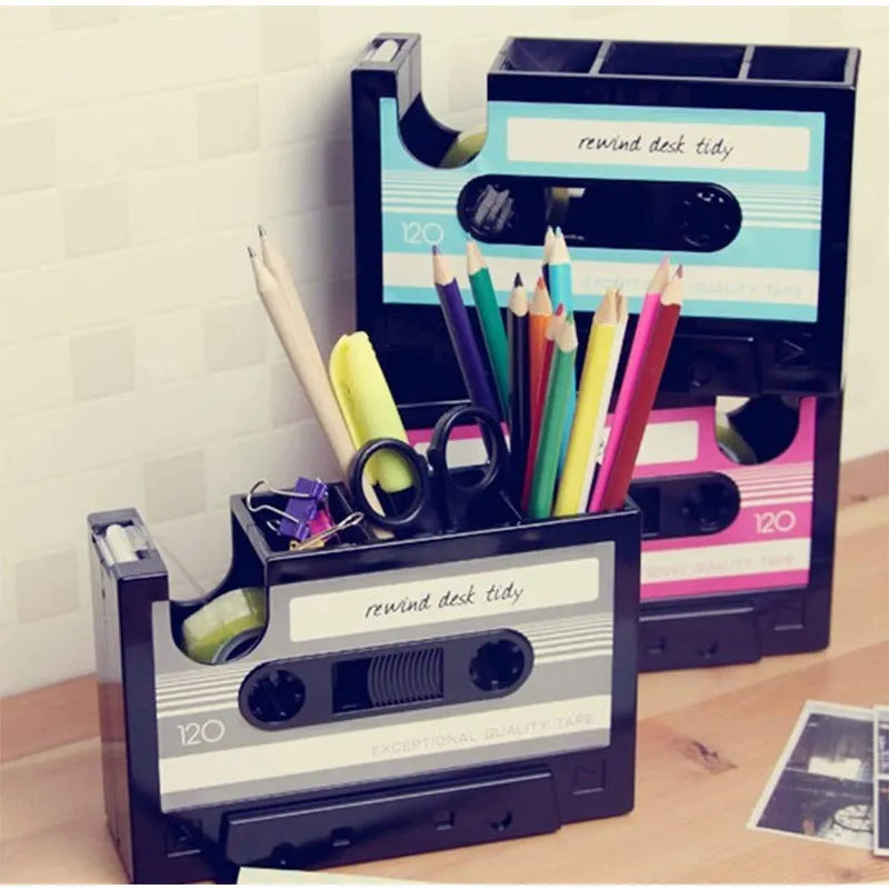 Multifunctional plastic pen holder storage box in blue, small size 17x5x11.5cm on a desktop with stationery and cables