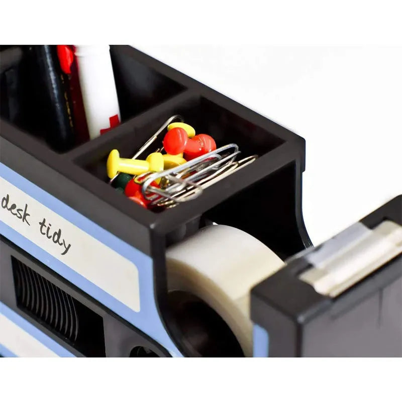 Multifunctional plastic pen holder storage box in blue, small size 17x5x11.5cm on a desktop with stationery and cables