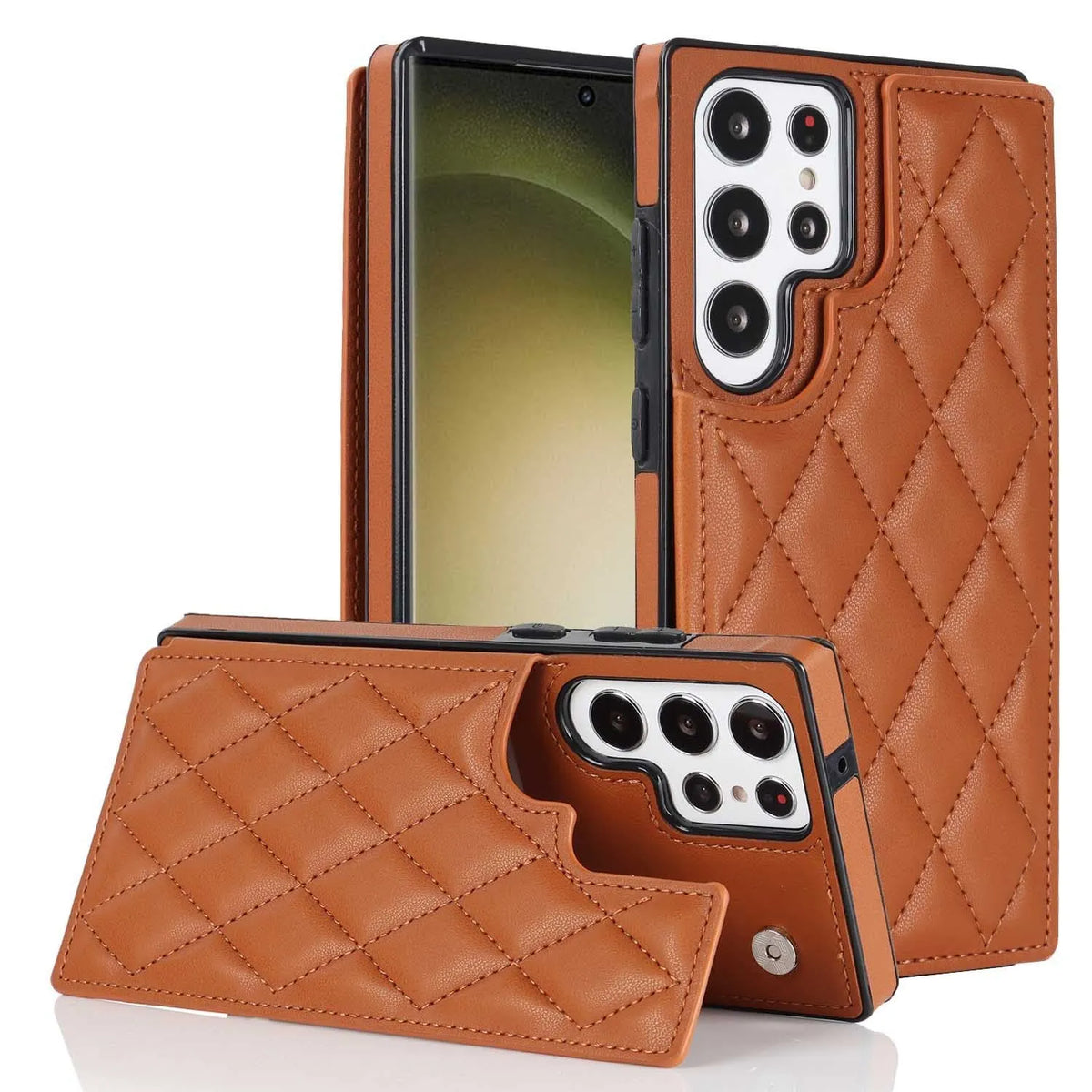 Plaid double buckle phone case for Samsung with card slot and stand in black