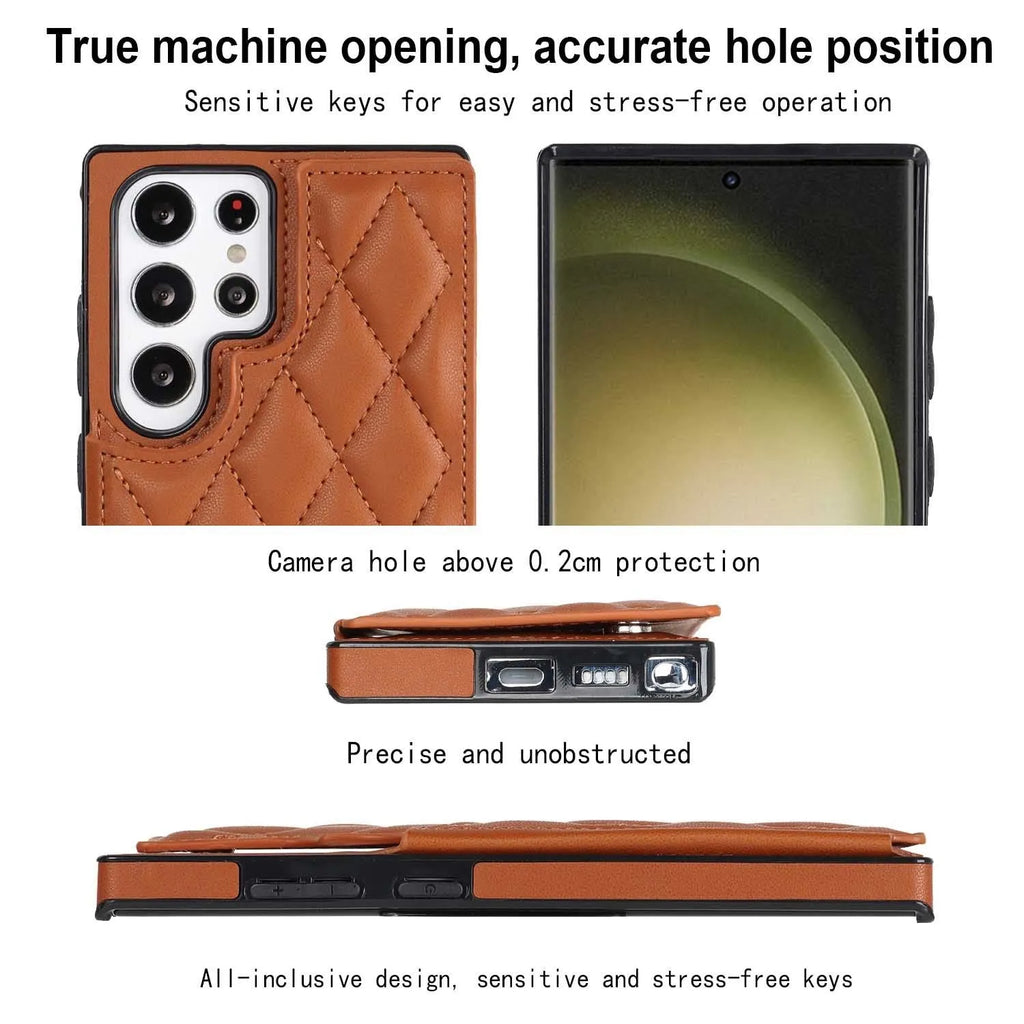 Plaid double buckle phone case for Samsung with card slot and stand in black
