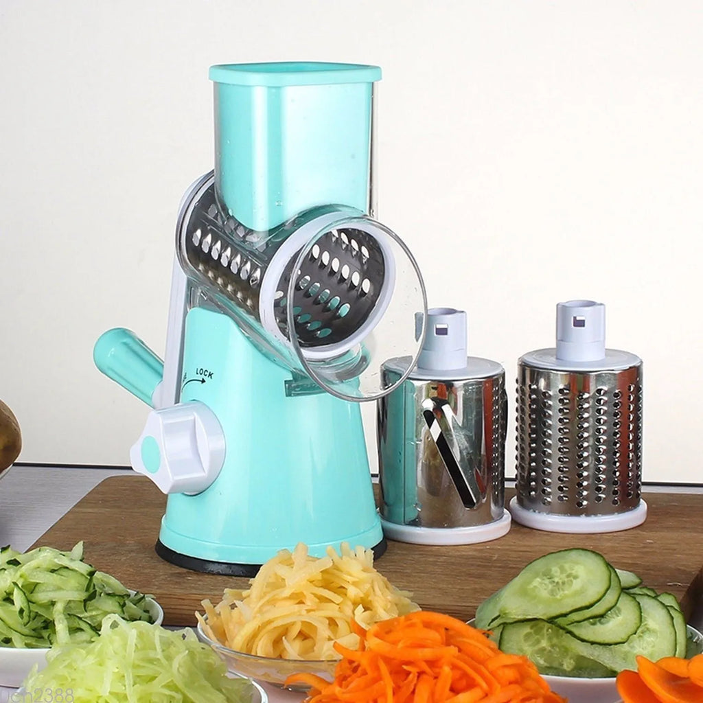 Round mandoline vegetable slicer with three stainless steel blades and suction base