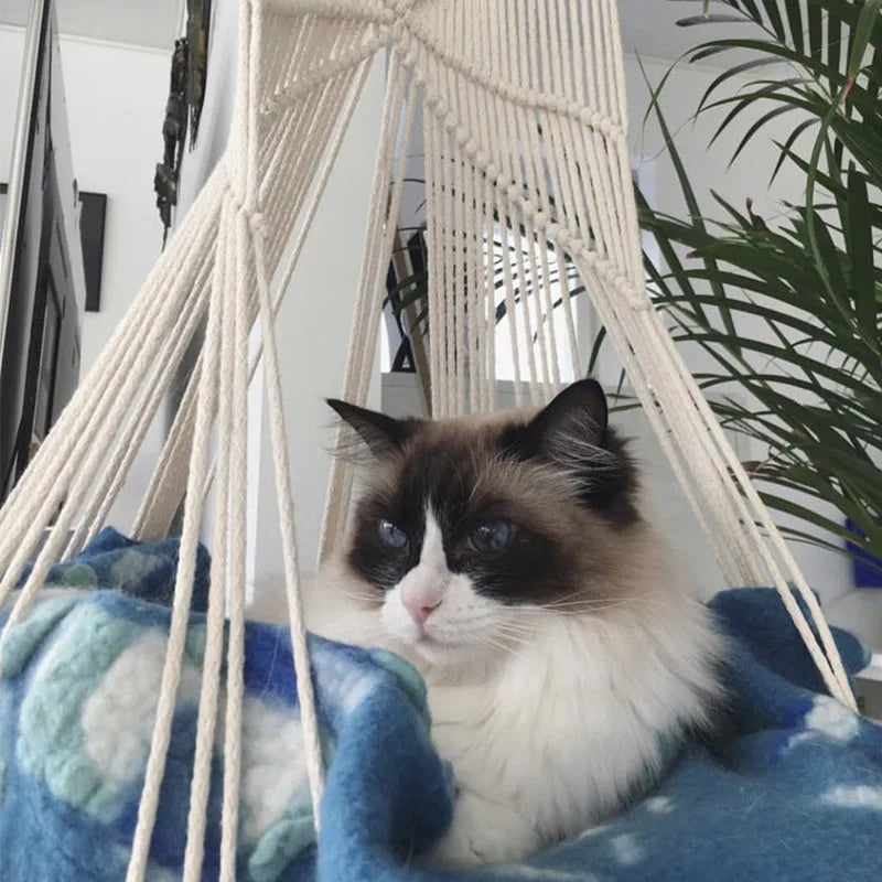 Handmade macrame pet swing cage cotton bed rectangular shape plain pattern European style