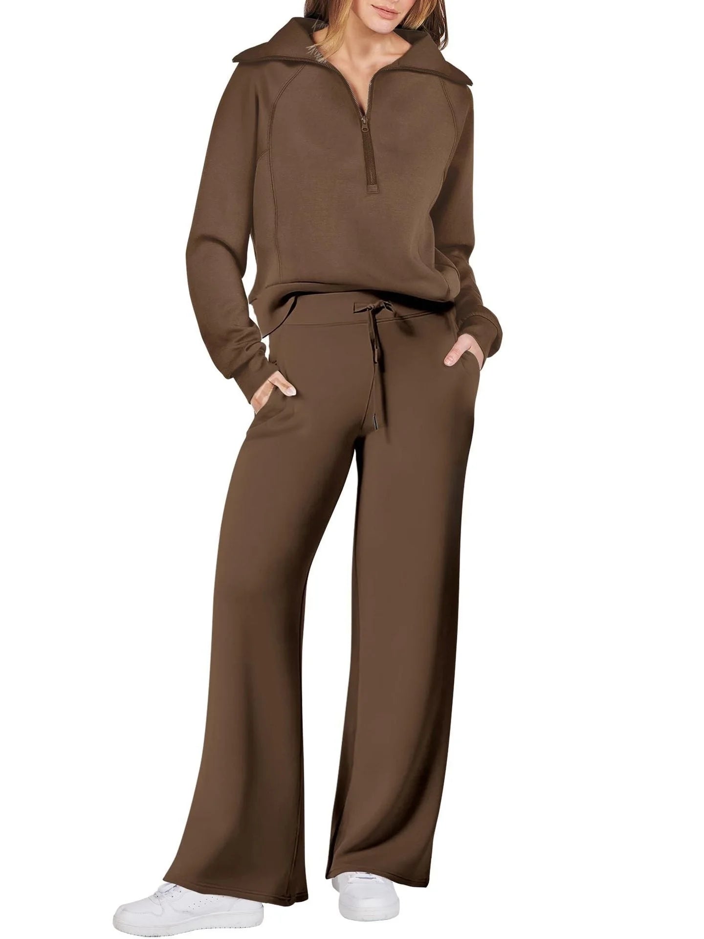 Women's leisure sports suit with long-sleeve zipper sweatshirt and wide leg pants in various colours